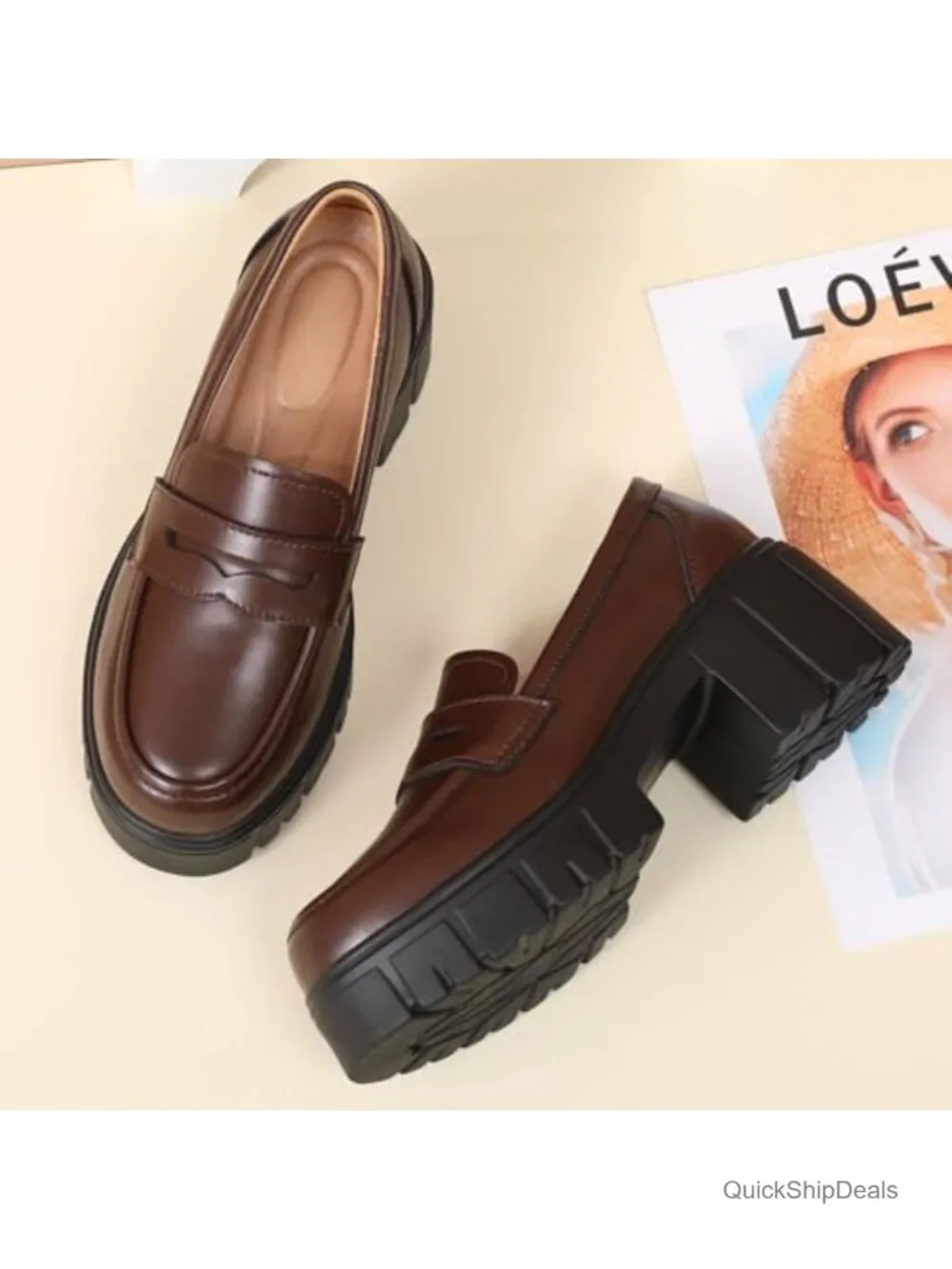 Chunky Platform Loafers for Women Leather Slip-On